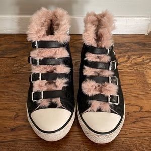 ASH Valant Pink Faux Fur Trim Leather High-Top Sneakers